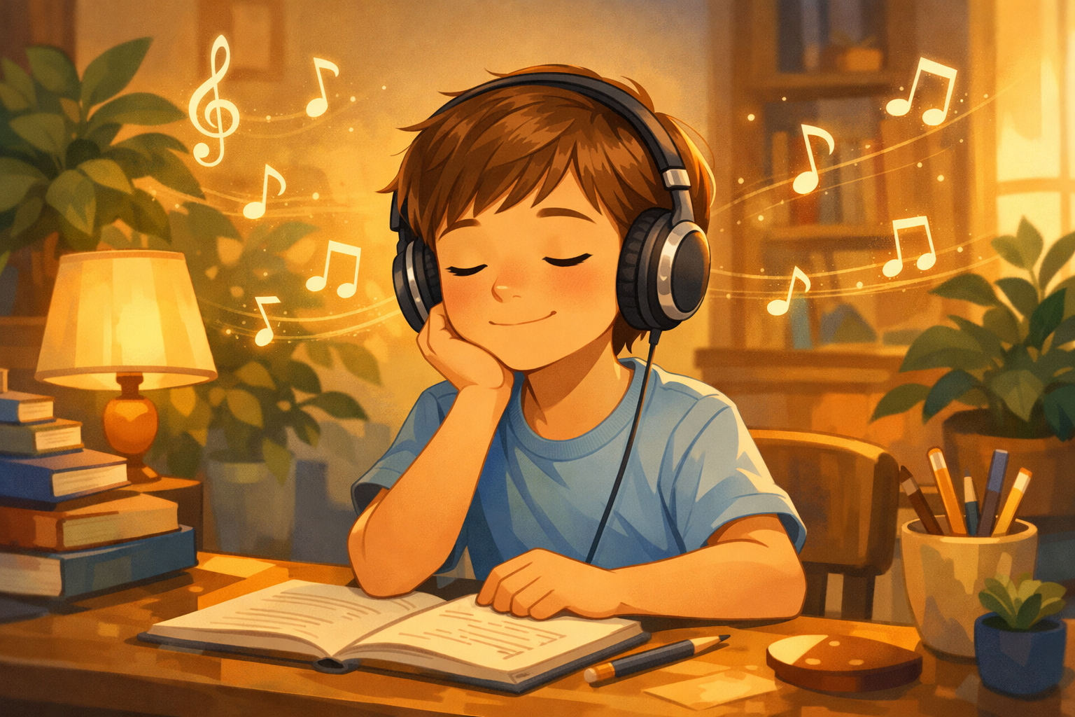 Niño concentrado estudiando con música